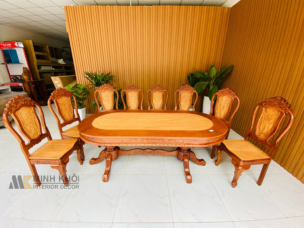 Bộ bàn ghế ăn gỗ căm xe 8 ghế, bàn oval - BA905
