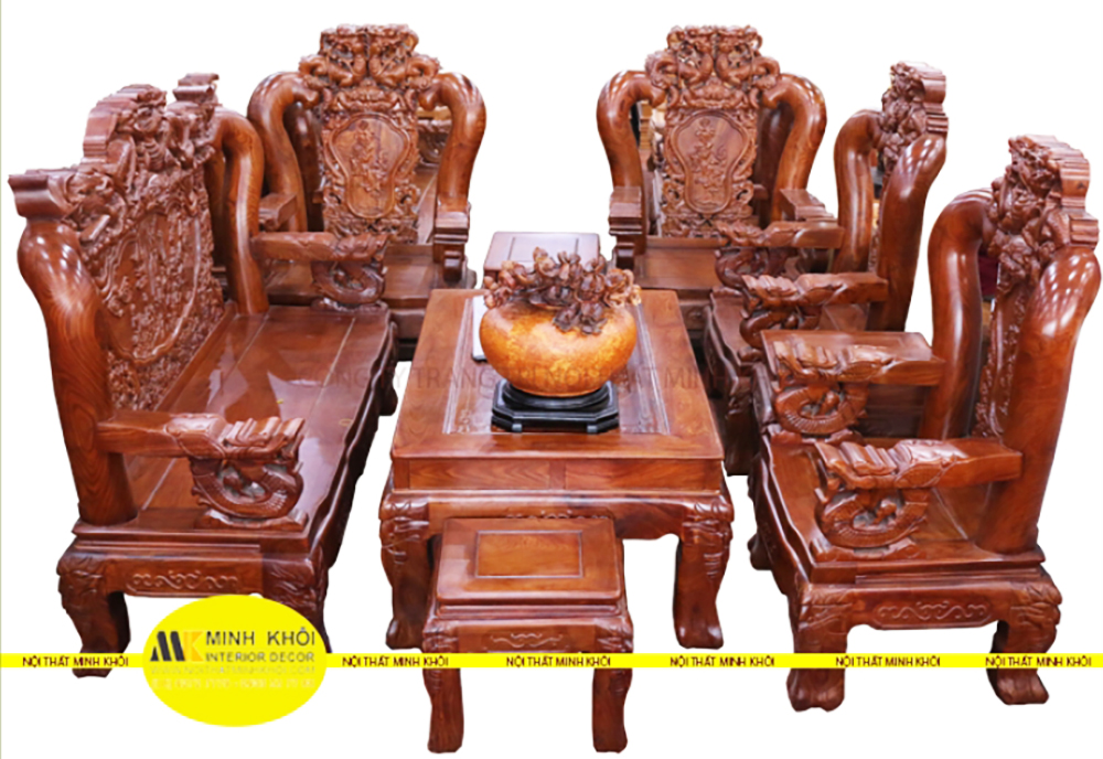 Bộ Bàn Ghế Gỗ Hương Tay 14 10 Món Chạm Rồng - SL134