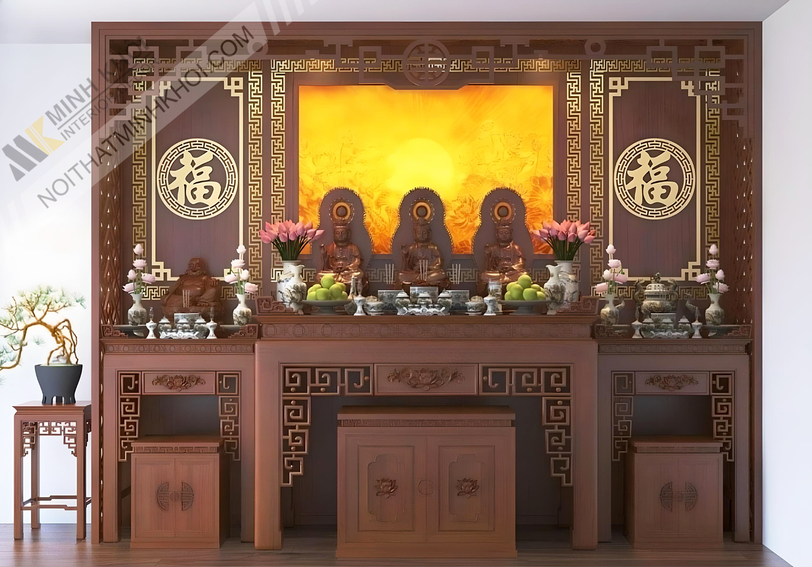 Bộ Bàn Thờ Đẹp Cham Hoa Sen Tao Nhã - BT702