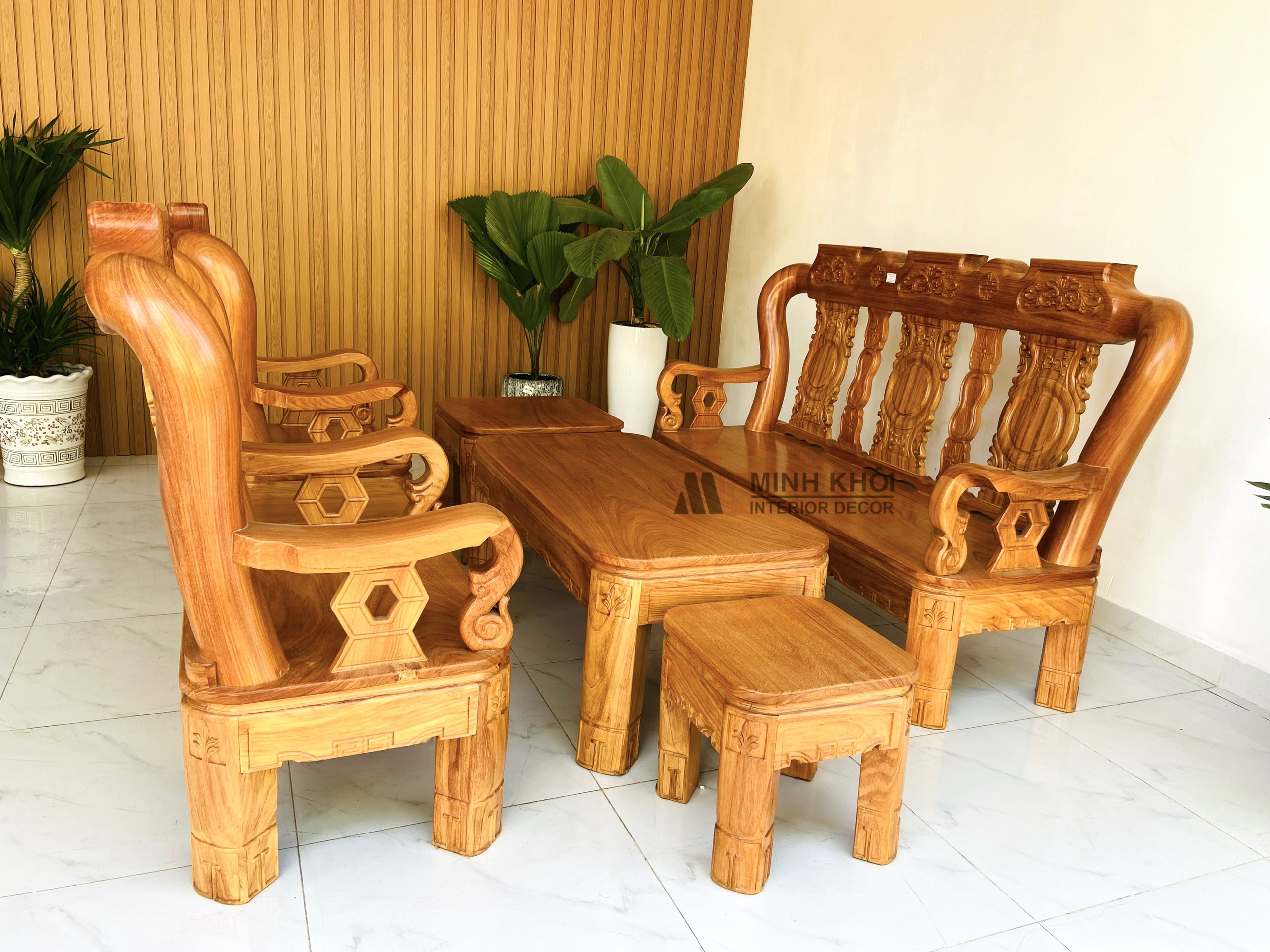 Bộ gỗ gõ đỏ tay 12 chân xoay mặt liền 6 món - SL969