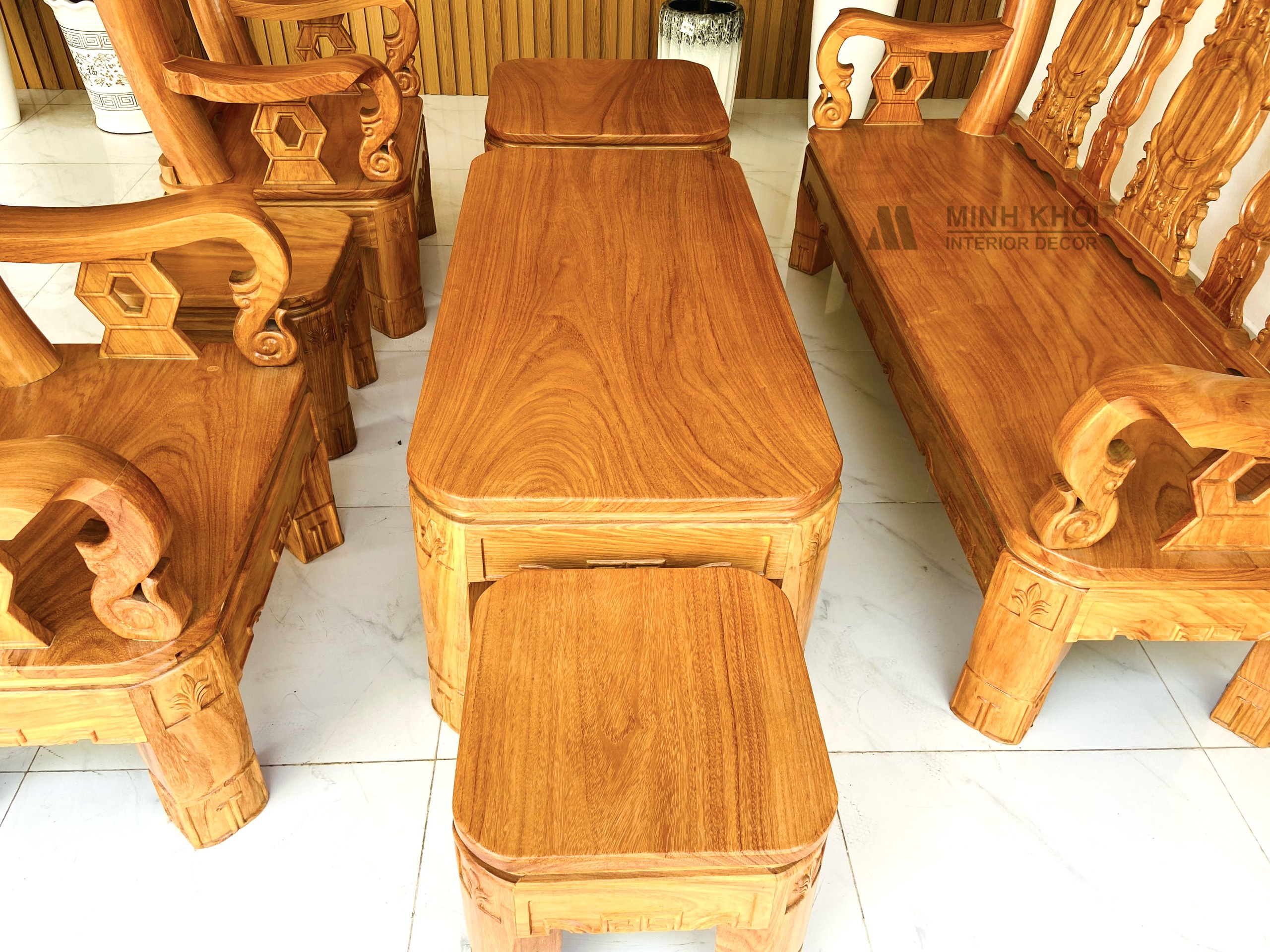 Bộ gỗ gõ đỏ tay 12 chân xoay mặt liền 6 món - SL969