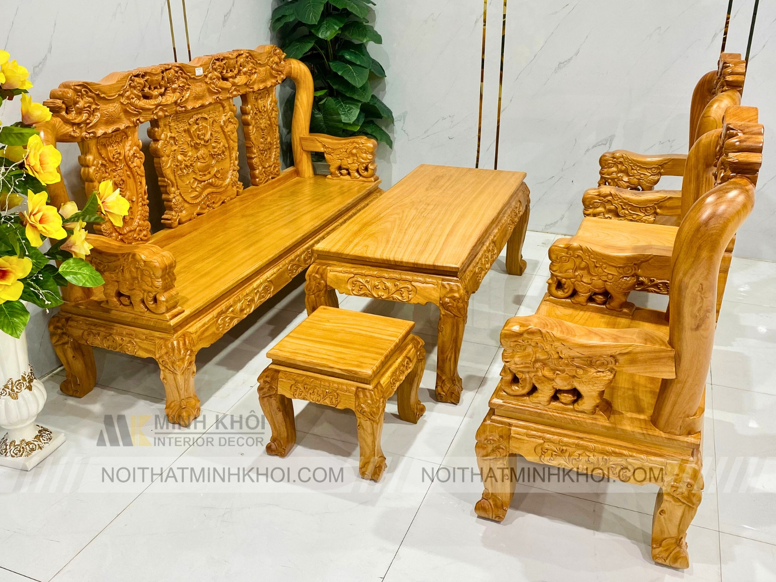 Bộ Salon Gỗ Gõ Đỏ Tay 10, 6 Món Chạm Voi - SL975