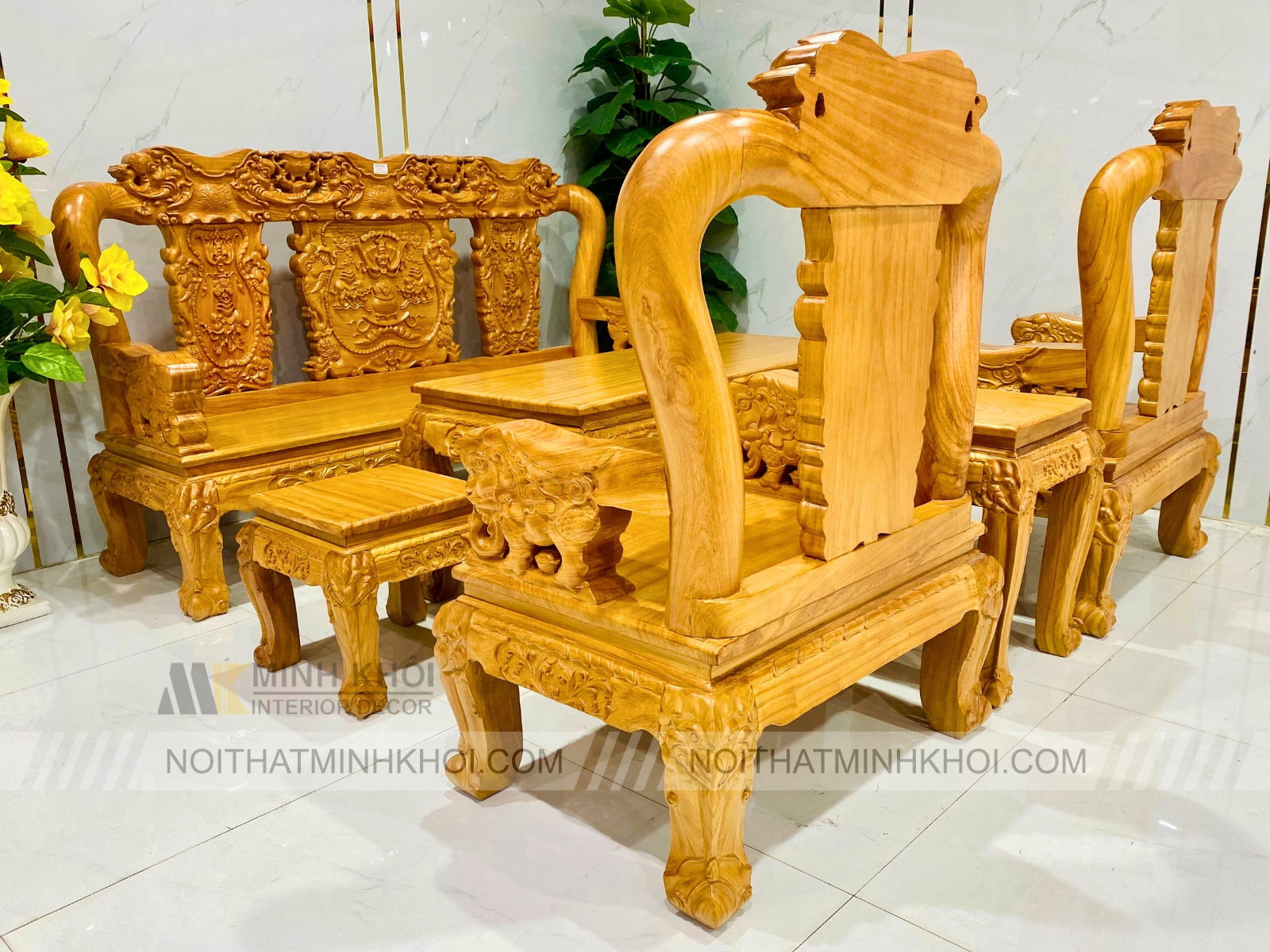 Bộ Salon Gỗ Gõ Đỏ Tay 10, 6 Món Chạm Voi - SL975