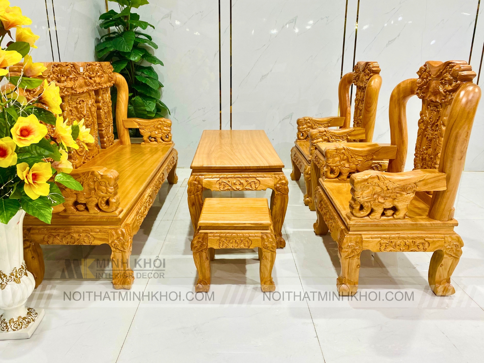 Bộ Salon Gỗ Gõ Đỏ Tay 10, 6 Món Chạm Voi - SL975