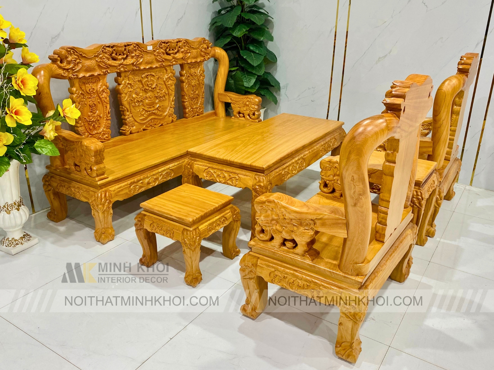 Bộ Salon Gỗ Gõ Đỏ Tay 10, 6 Món Chạm Voi - SL975