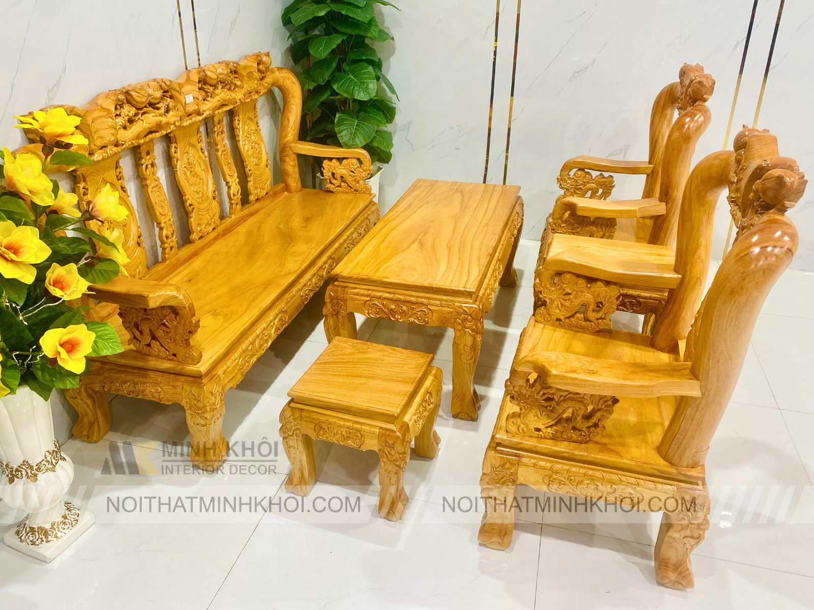 Bộ Salon Gỗ Gõ Đỏ Tay 10 Chạm Rồng, 6 Món Mặt Liền - SL983