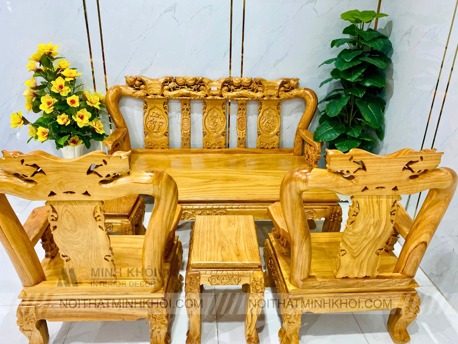 Bộ Salon Gỗ Gõ Đỏ Tay 10 Chạm Rồng, 6 Món Mặt Liền - SL983