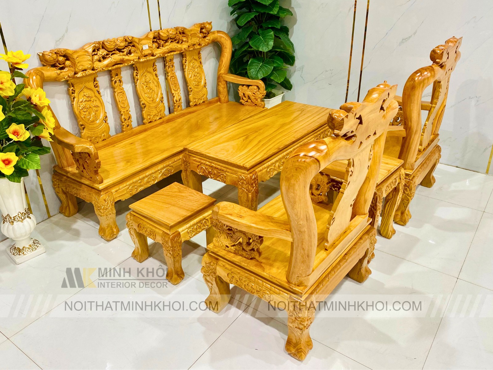 Bộ Salon Gỗ Gõ Đỏ Tay 10 Chạm Rồng, 6 Món Mặt Liền - SL983