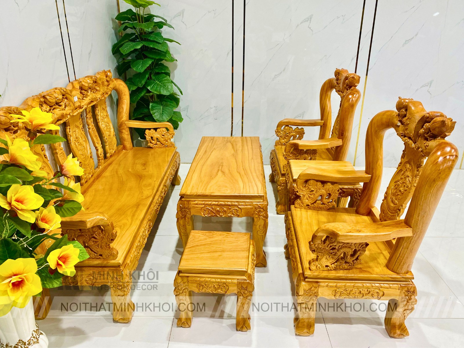 Bộ Salon Gỗ Gõ Đỏ Tay 10 Chạm Rồng, 6 Món Mặt Liền - SL983