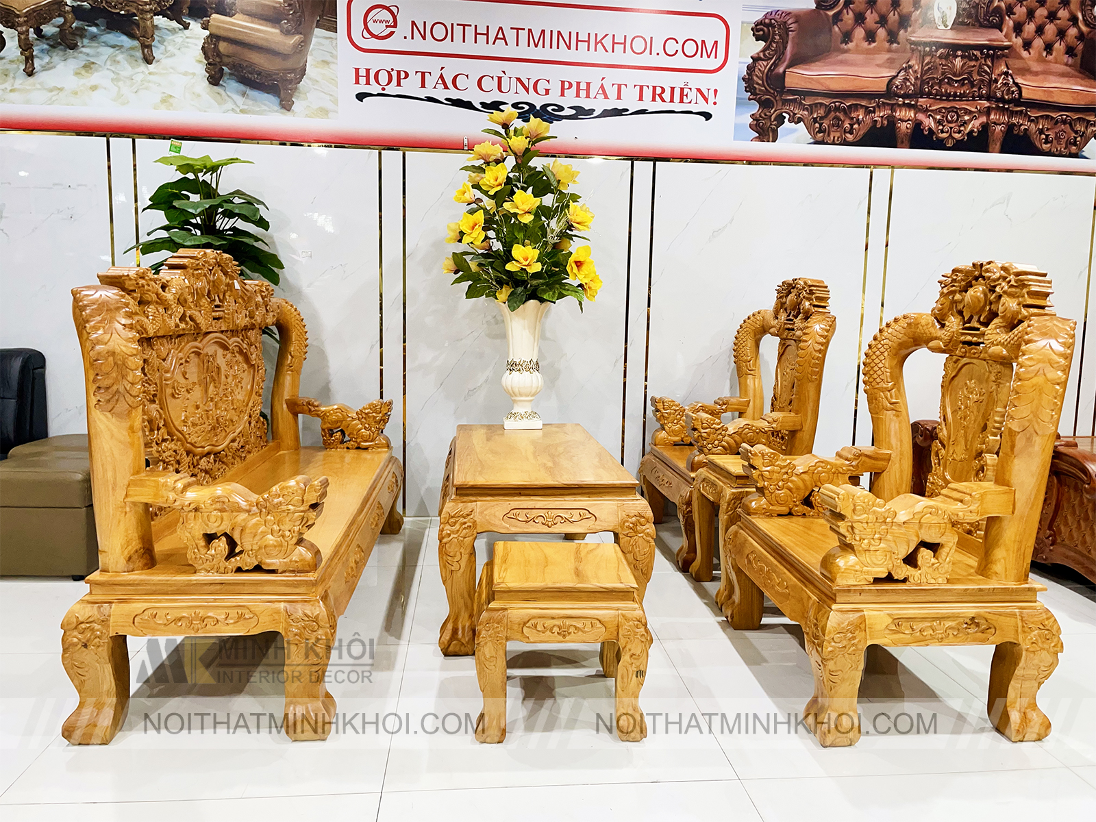 Bộ Salon Gỗ Gõ Đỏ Tay 12 Chạm Rồng Bát Tiên - SL248