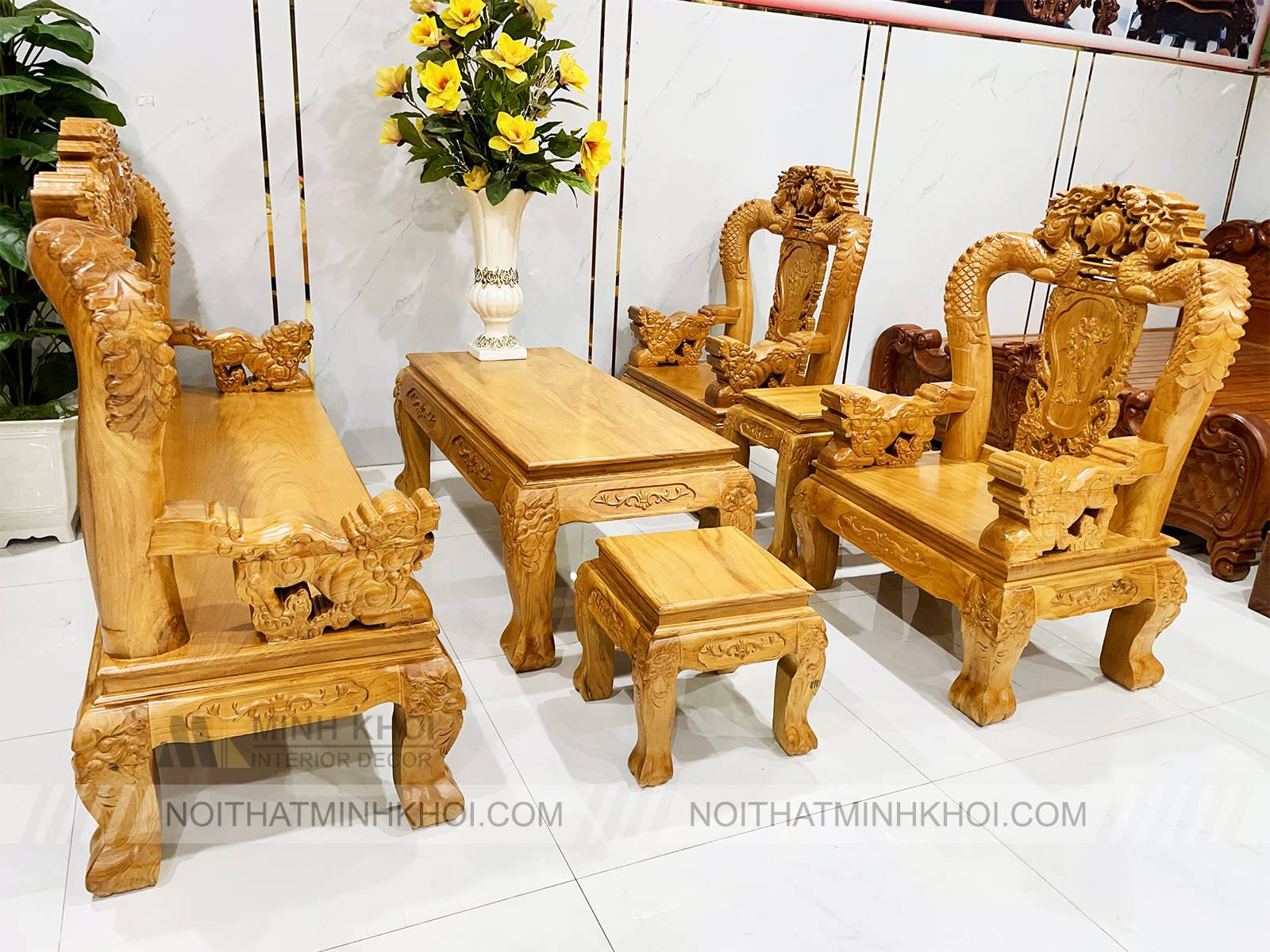 Bộ Salon Gỗ Gõ Đỏ Tay 12 Chạm Rồng Bát Tiên - SL248