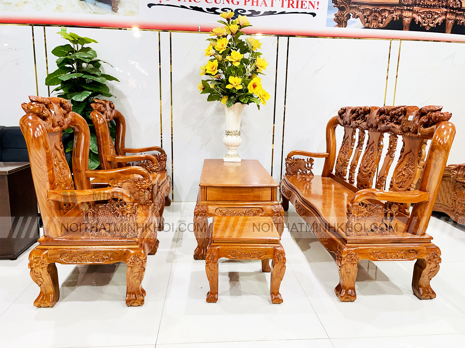 Bộ Salon Gỗ Hương Đá Tay 10 Chạm Đào Nghê - SL247