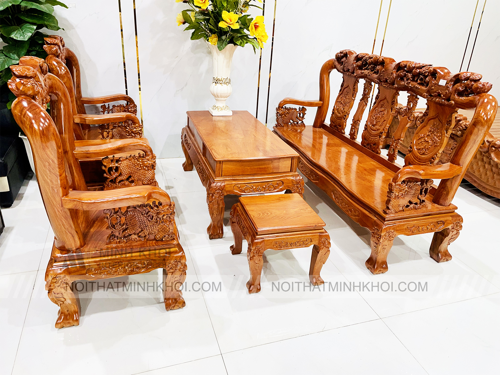 Bộ Salon Gỗ Hương Đá Tay 10 Chạm Đào Nghê - SL247