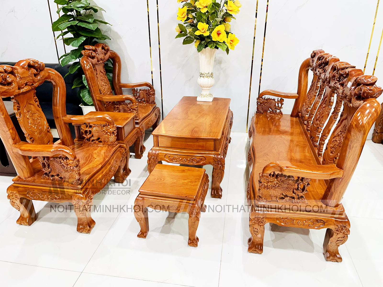 Bộ Salon Gỗ Hương Đá Tay 10 Chạm Đào Nghê - SL247