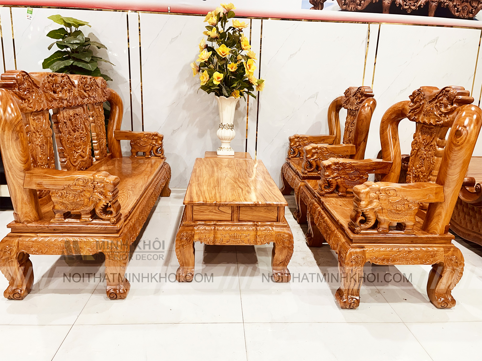 Bộ Salon Gỗ Hương Đá Tay 12, 6 Món Chạm Voi - SL981