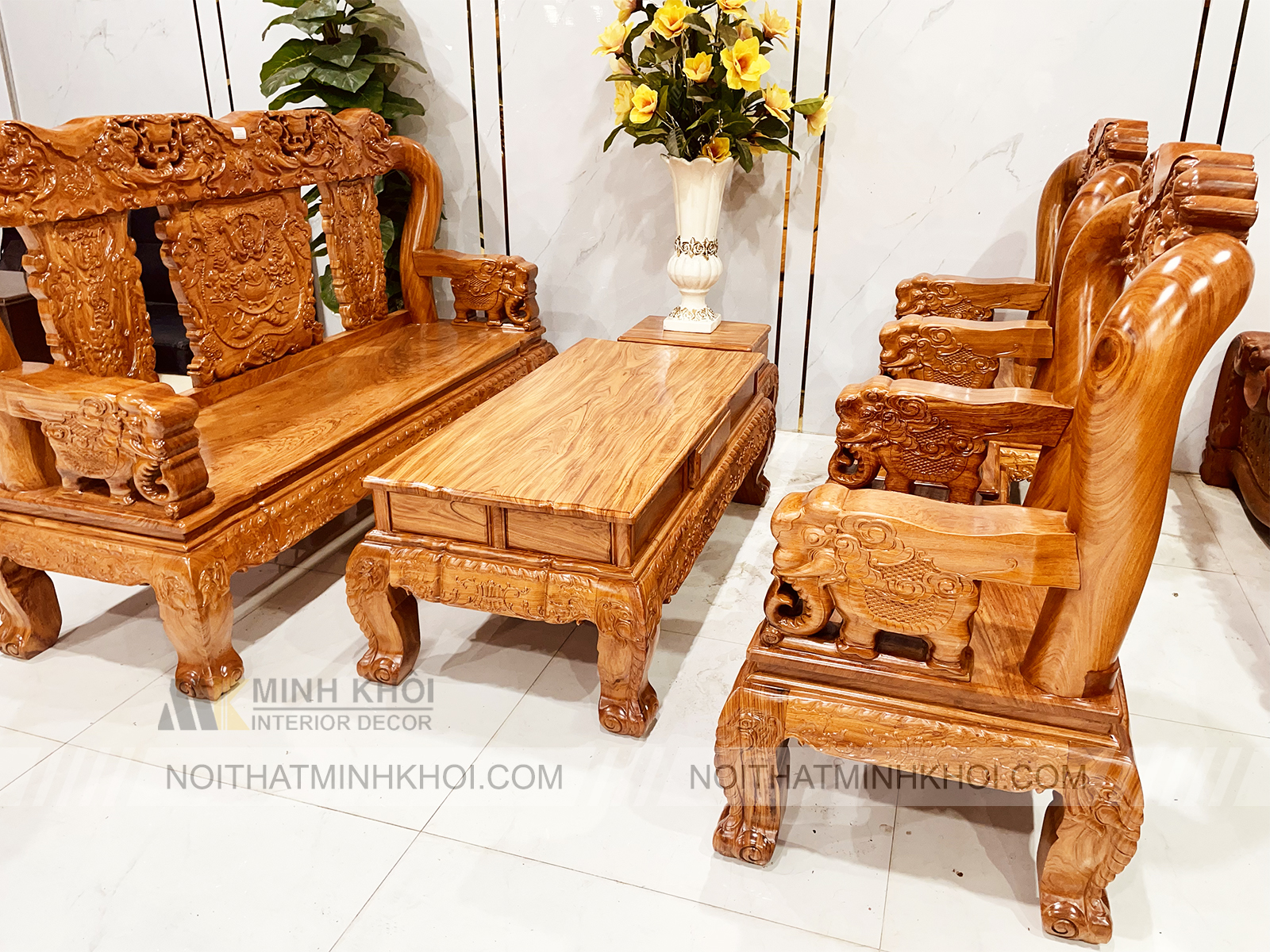 Bộ Salon Gỗ Hương Đá Tay 12, 6 Món Chạm Voi - SL981