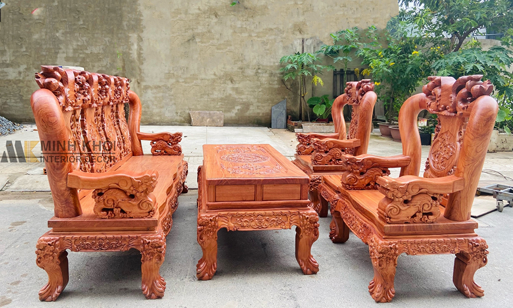 Bộ Salon Hương Đá Tay 14 Chạm Đào Mặt Liền - SL941