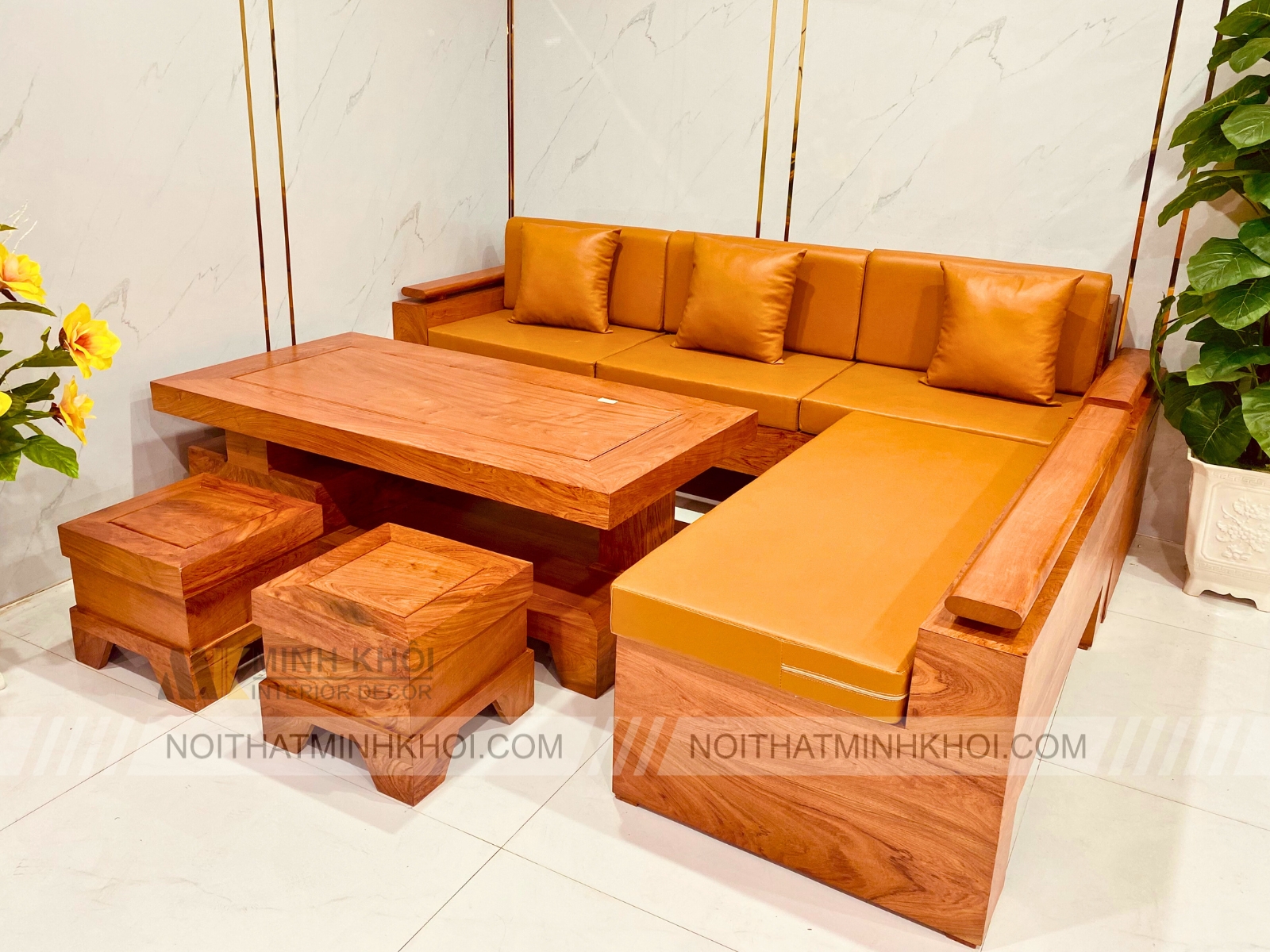 Bộ Sofa Gỗ Hương Đá Góc 5 Món Đẹp - SF960