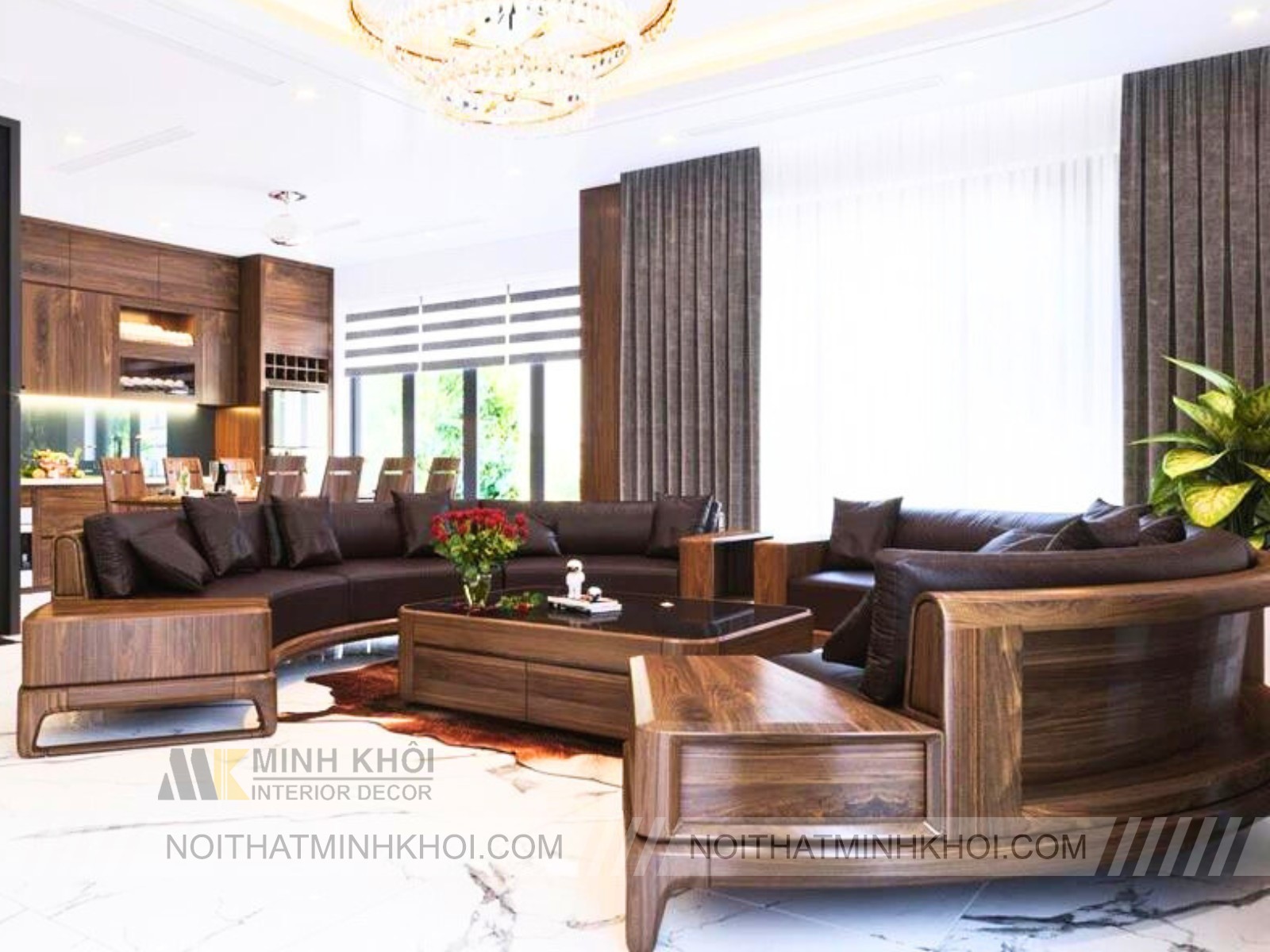 Bộ Sofa Gỗ Óc Chó Tròn Cao Cấp - SF963