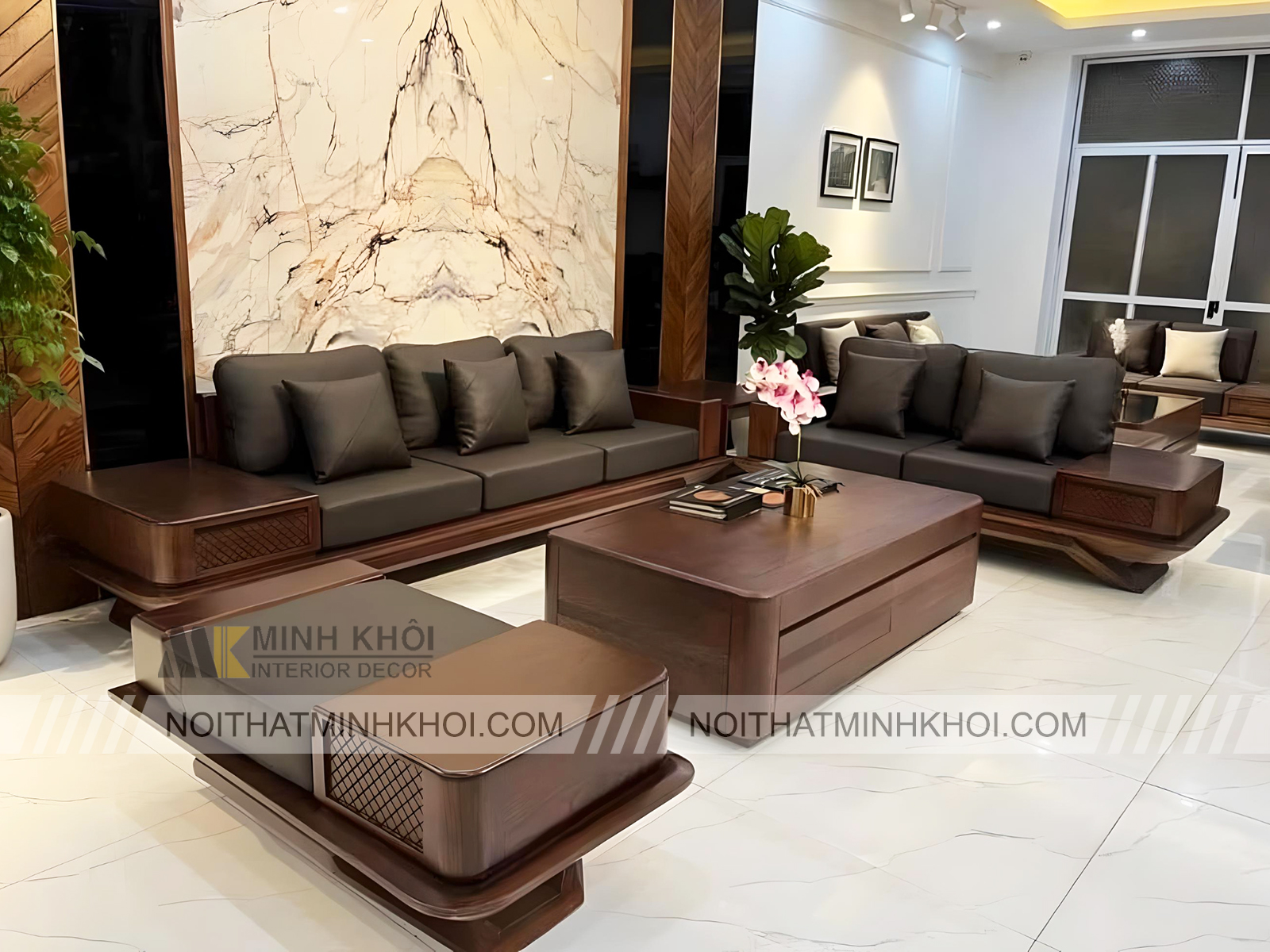 Bộ Sofa Gỗ Sồi Màu Óc Chó Đẹp Hiện Đại - SF2021