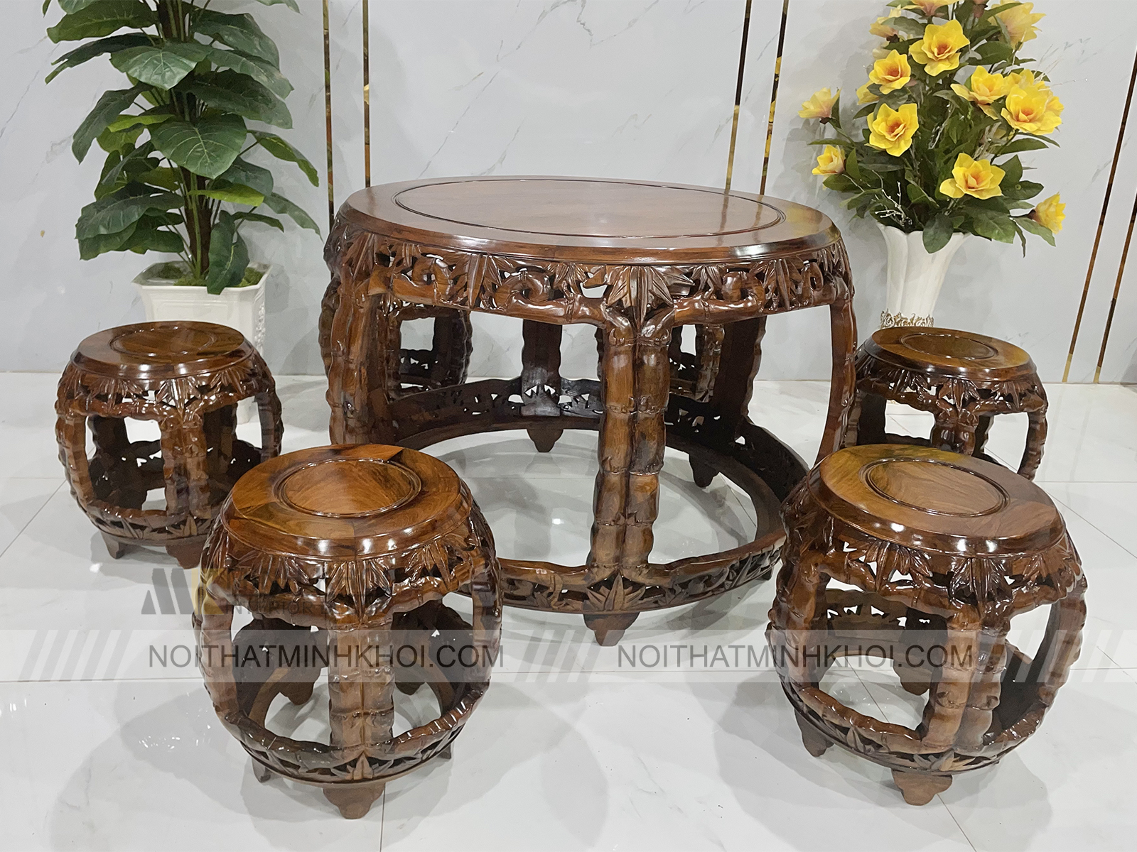 Bộ Thúng Trống Gỗ Cẩm Lai Chạm Trúc Đào Cao Cấp - SL250