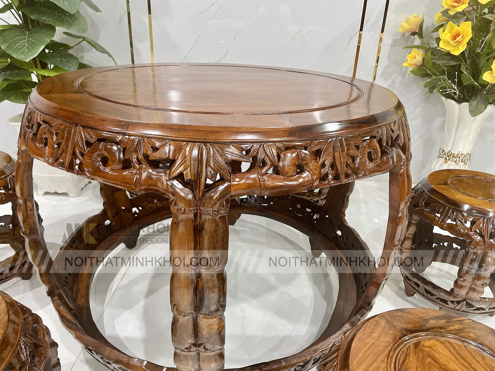 Bộ Thúng Trống Gỗ Cẩm Lai Chạm Trúc Đào Cao Cấp - SL250