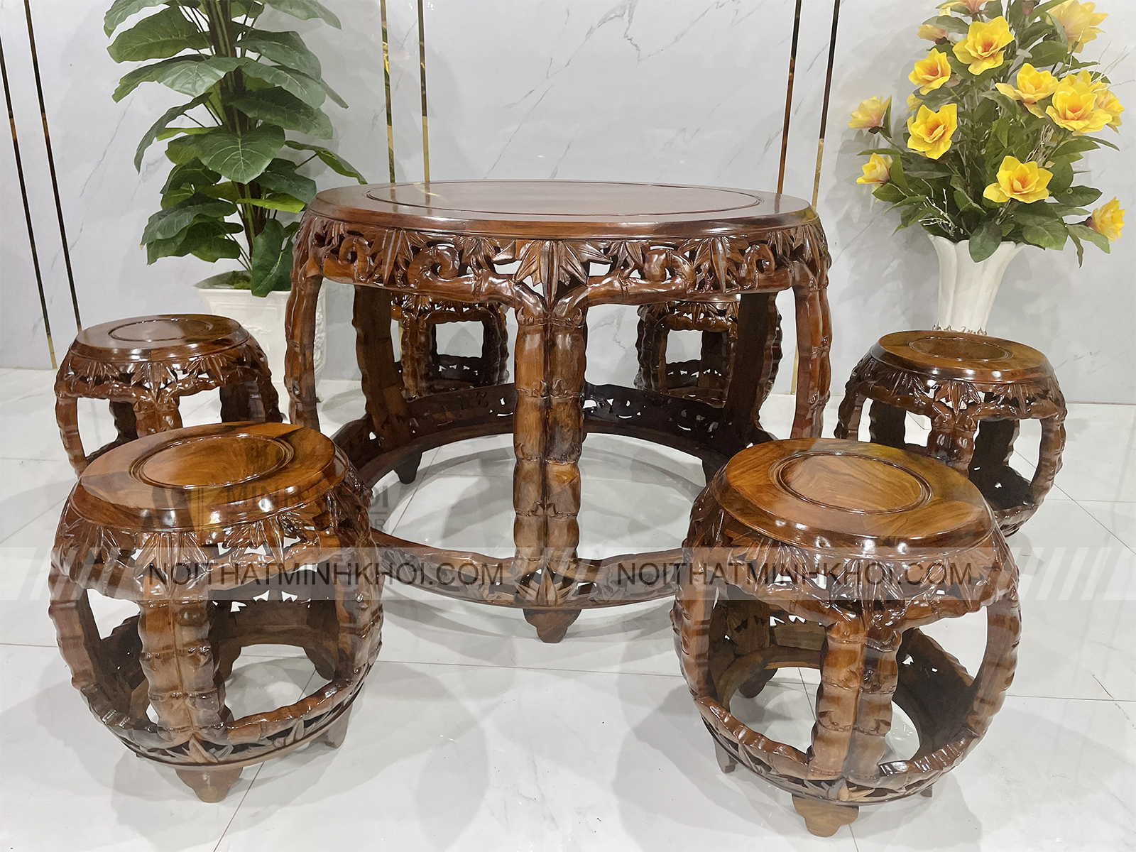 Bộ Thúng Trống Gỗ Cẩm Lai Chạm Trúc Đào Cao Cấp - SL250