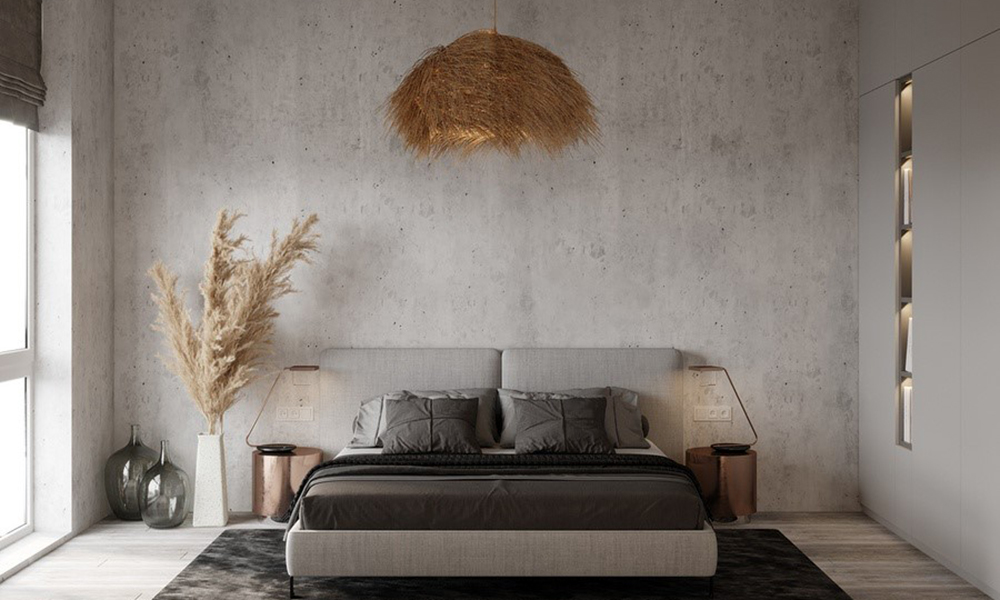 Decor đầu giường với bức tường xi măng thô