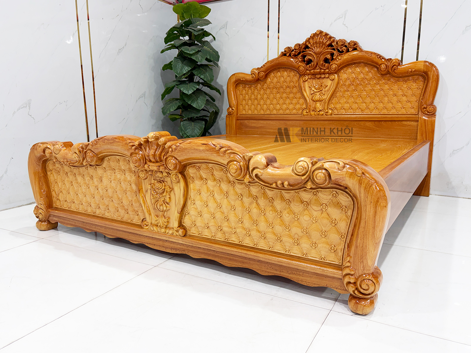 Giường Ngủ Gỗ Gõ Đỏ Hoa Mai Phối Hoa Hồng – GN960