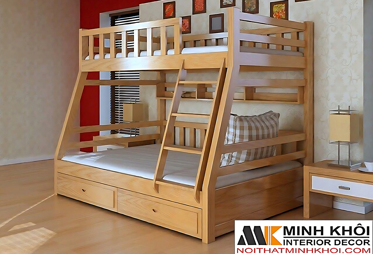Giường 2 Tầng Đẹp Gỗ Sồi Có Hộc Kéo - GT300