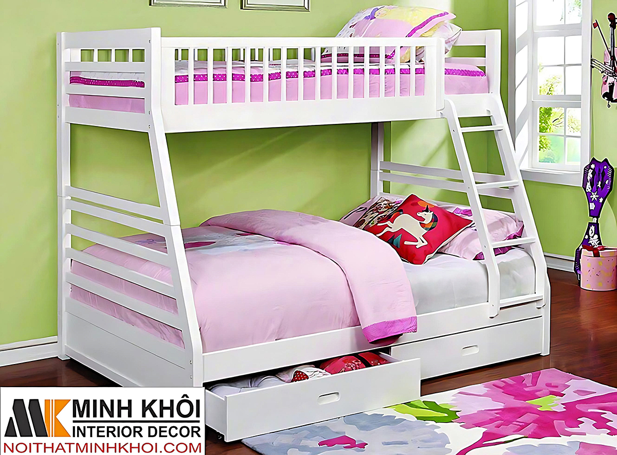 Giường 2 Tầng Gỗ Xoan Đào Có Hộc Kéo Màu Trắng - GT221