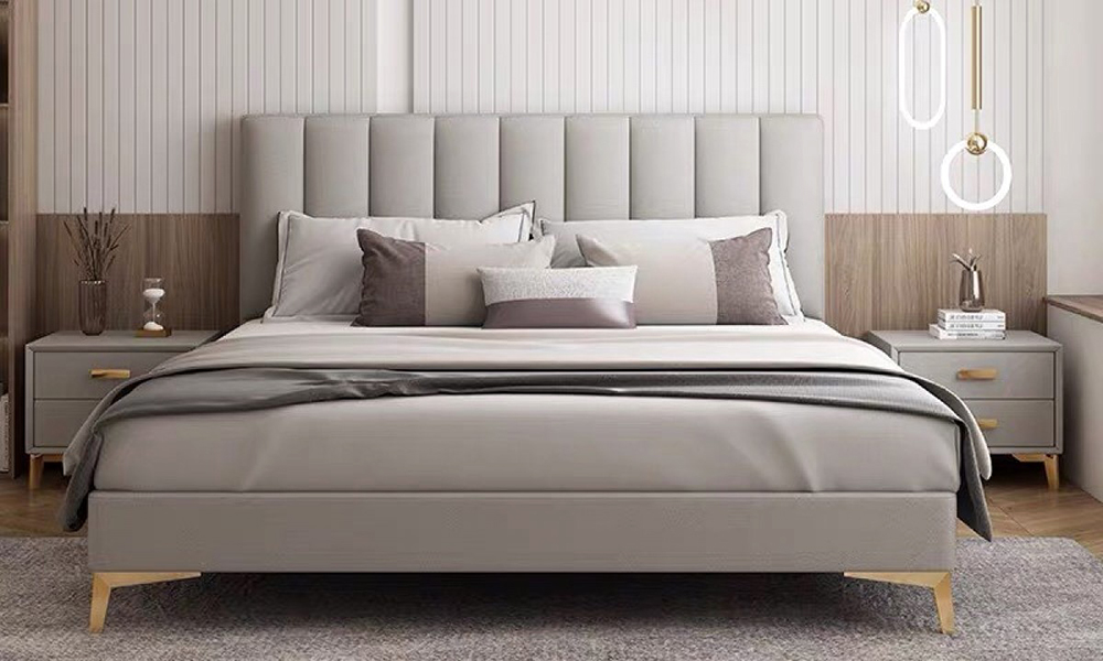 Giường Bọc Da Màu Xám Đơn Giản