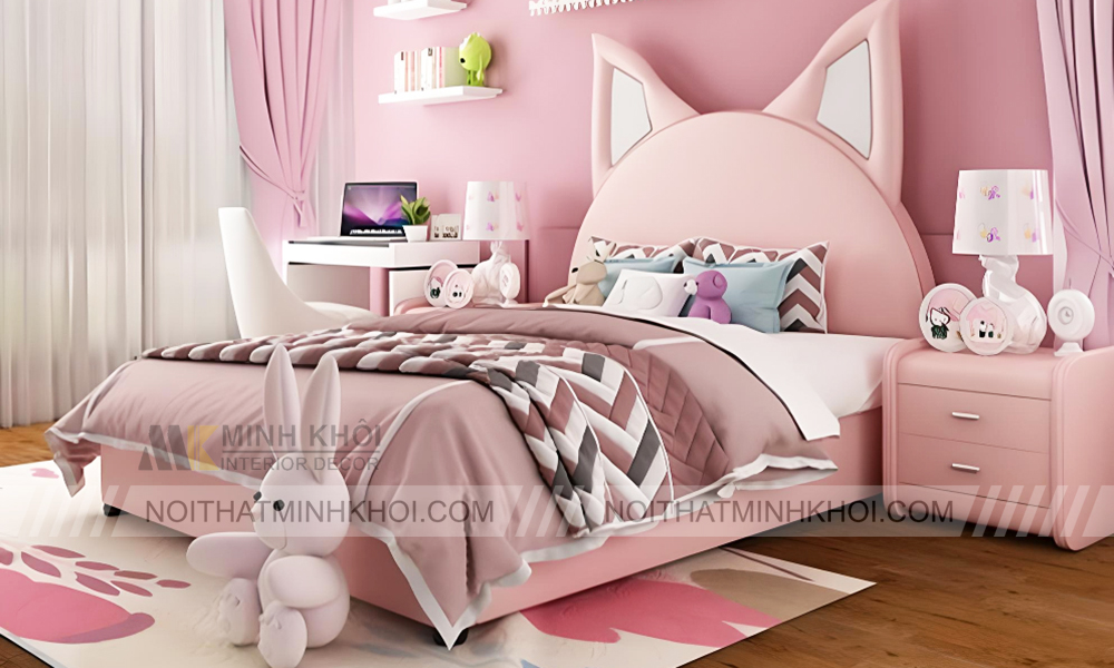 Giường công chúa màu hồng tai mèo dễ thương