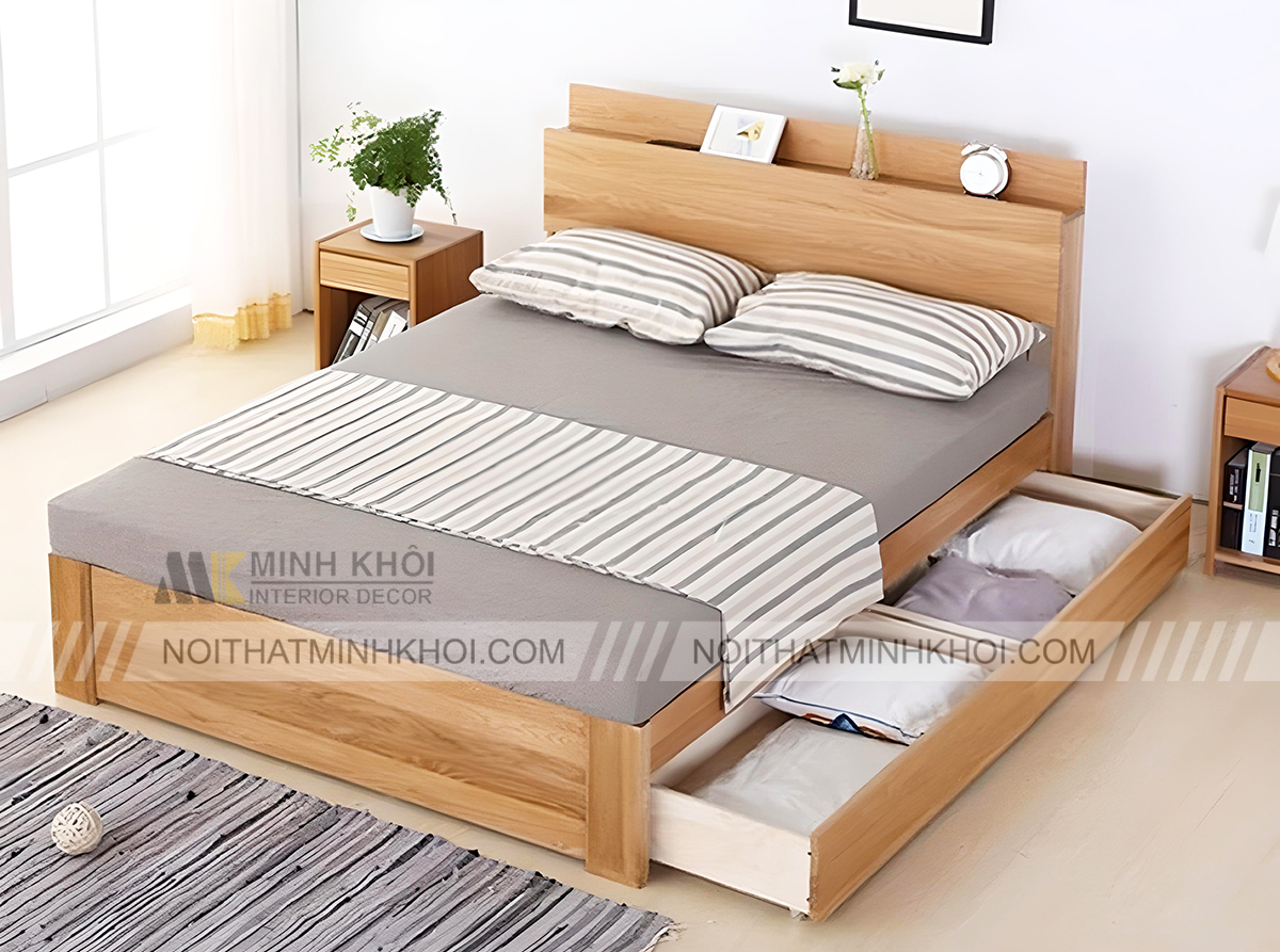 Giường Đẹp Gỗ Sồi Mỹ Hiện Đại Có Hộc Kéo - GN1018