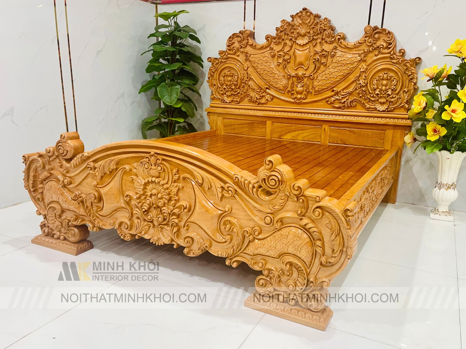 Giường Gõ Đỏ Hoàng Gia Tân Cổ Điển Nguyên Khối - GN939