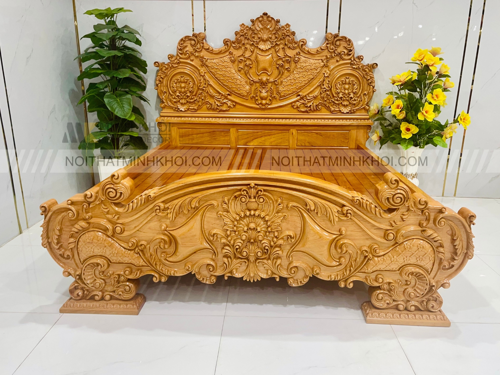 Giường Gõ Đỏ Hoàng Gia Tân Cổ Điển Nguyên Khối - GN939