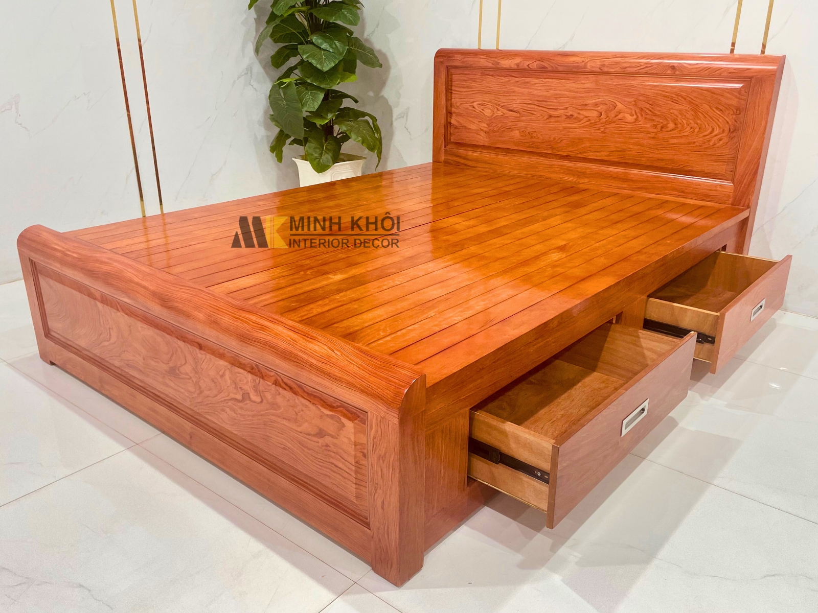 Giường Gỗ Hương Đá Long Khung Có Hộc Kéo - GN941