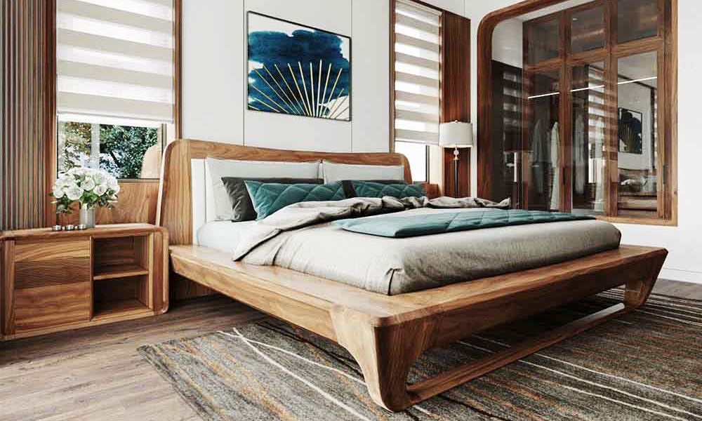 Giường gỗ óc chó thiết kế trẻ trung tươi mới