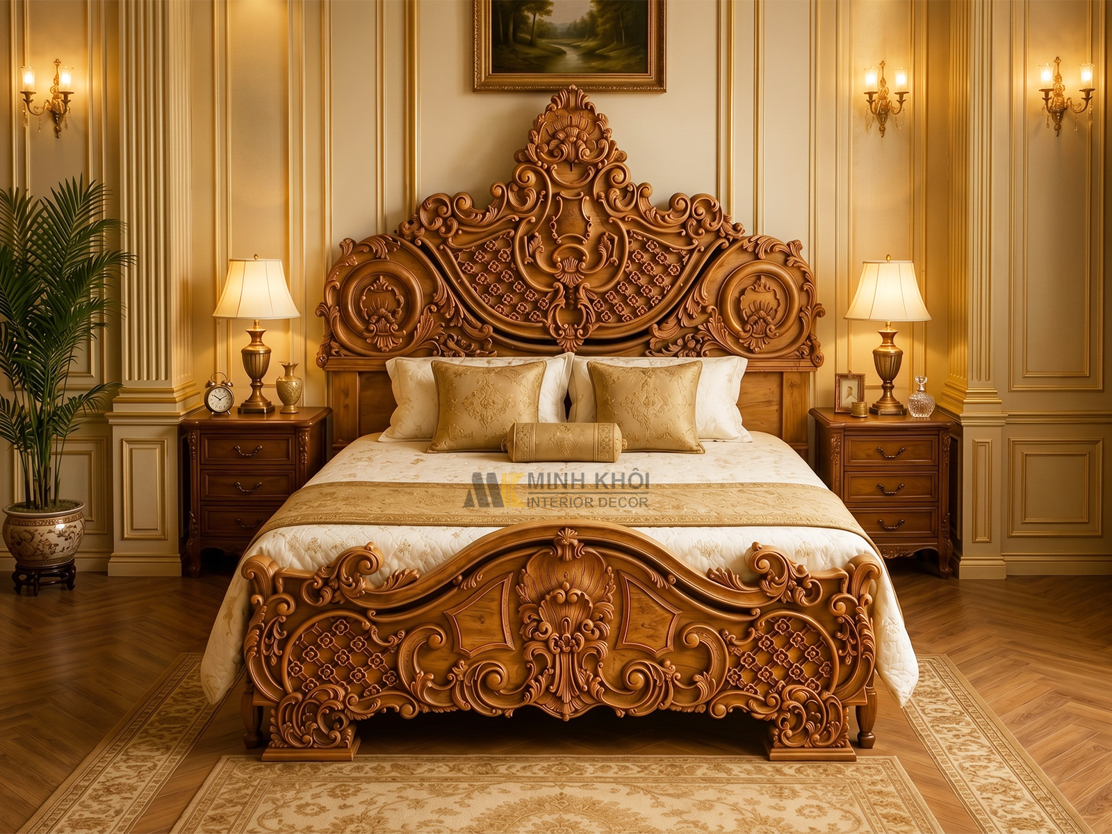 Giường Ngủ Gỗ Gõ Đỏ Thiết Kế Hoàng Gia - GN961