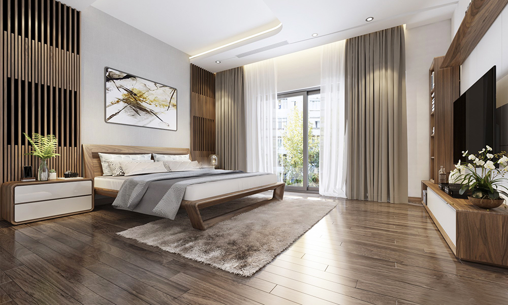 Giường ngủ gỗ màu óc chó hiện đại và trẻ trung
