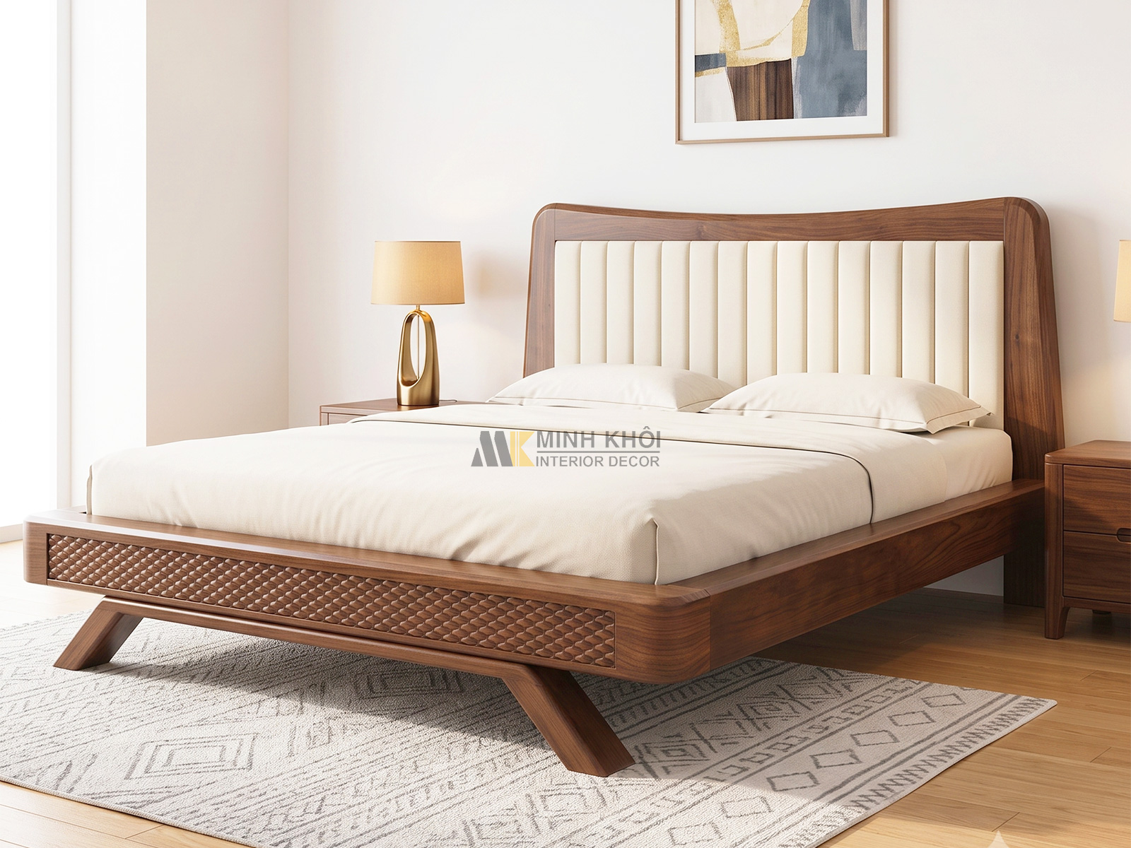 Giường Ngủ Gỗ Tự Nhiên Phủ Sồi Màu Óc Chó Bọc Nệm - GN959
