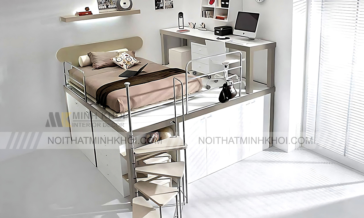  Giường ngủ kết hợp tủ quần áo cửa lùa và kệ sách