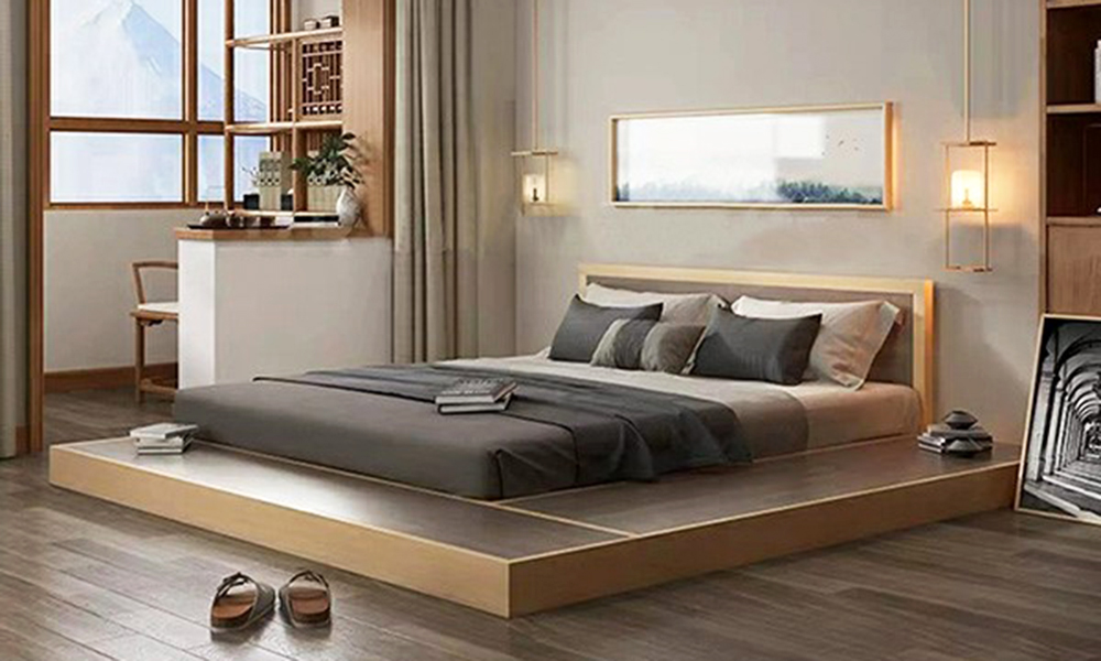 Mẫu giường bệt sát nền được bày trí gọn gàng và ngăn nắp