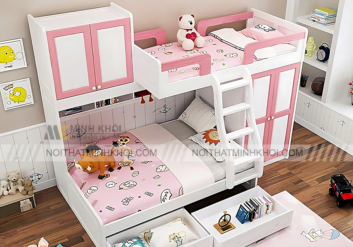 Giường tầng cho bé gái màu hồng trắng dễ thương