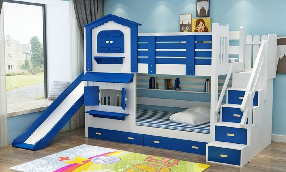 Giường tầng có ngôi nhà kiểu cầu trượt cho bé trai