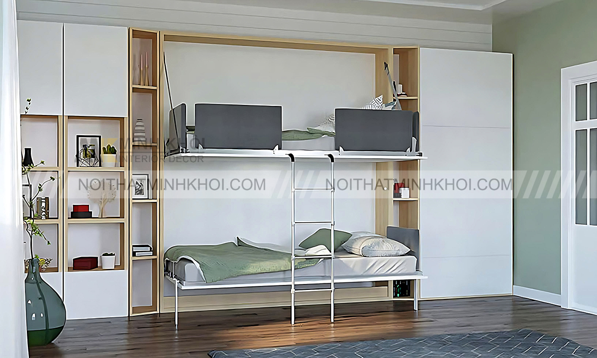 Giường tầng gấp âm tường tích hợp tủ quần áo đa năng