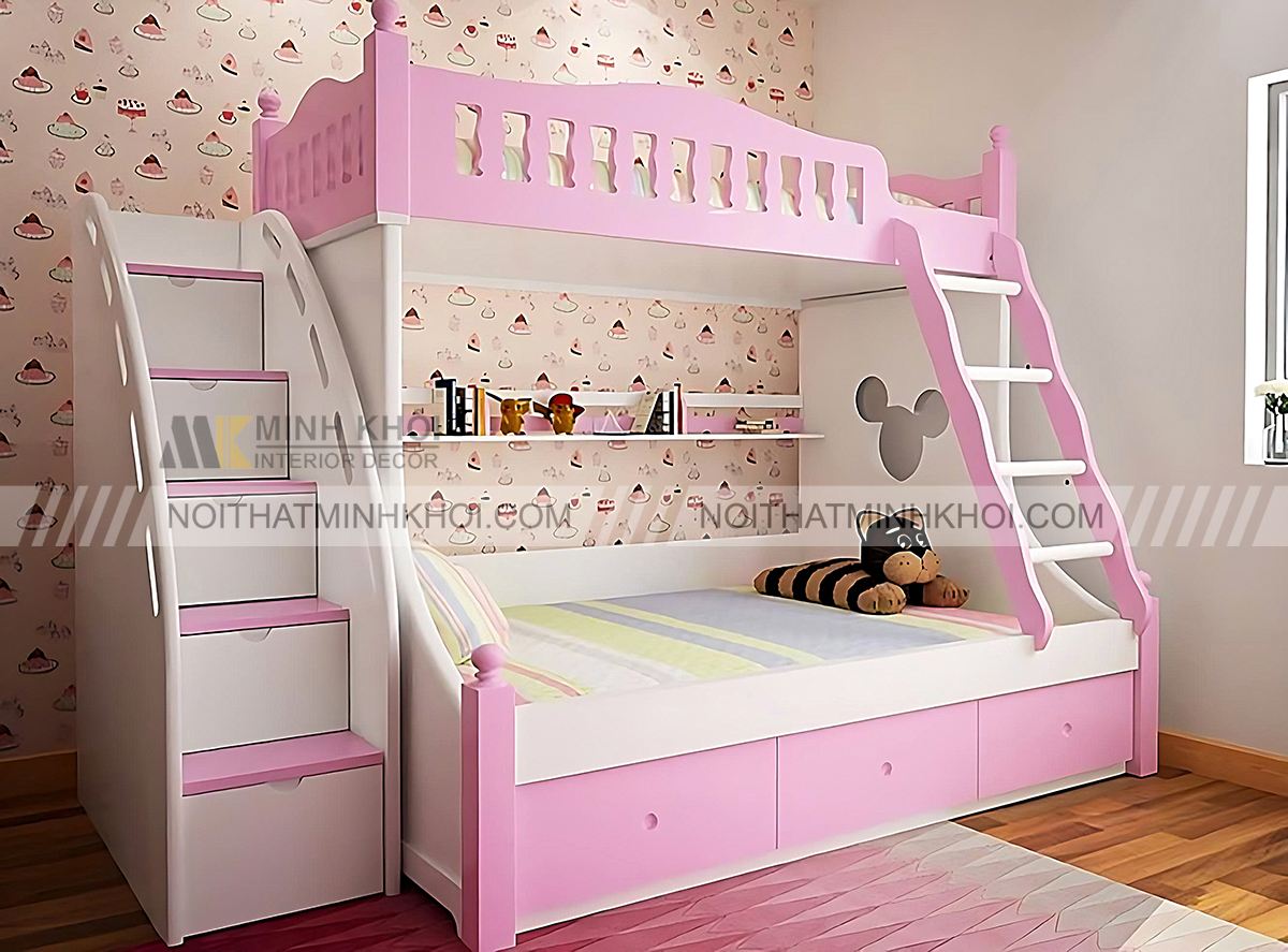 Giường tầng gỗ xoan đào màu hồng cho bé gái