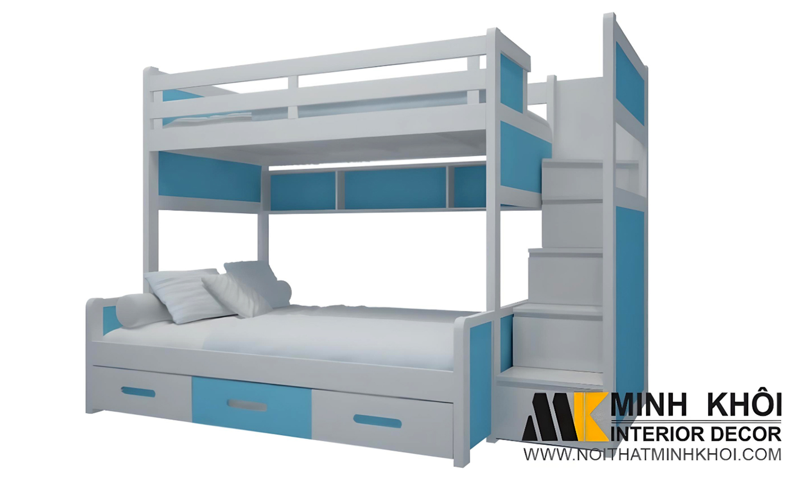 Giường Tầng Gỗ Xoan Đào Trắng Xanh Có Học Kéo - FCH146