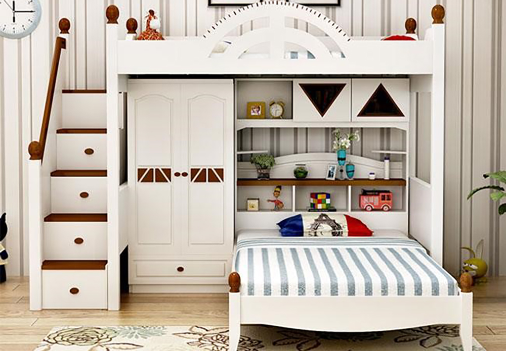 Giường tầng kết hợp bàn học, tủ quần áo màu trắng