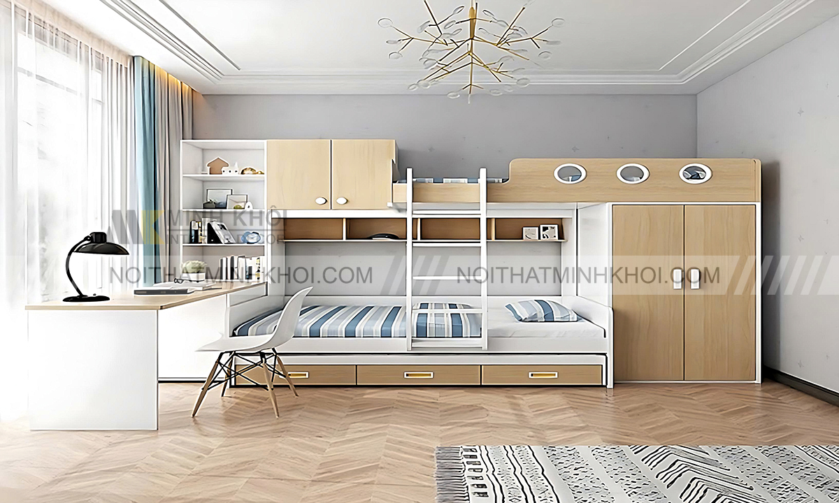 Mẫu giường tầng kết hợp tủ quần áo cho người lớn tăng thẩm mỹ căn phòng